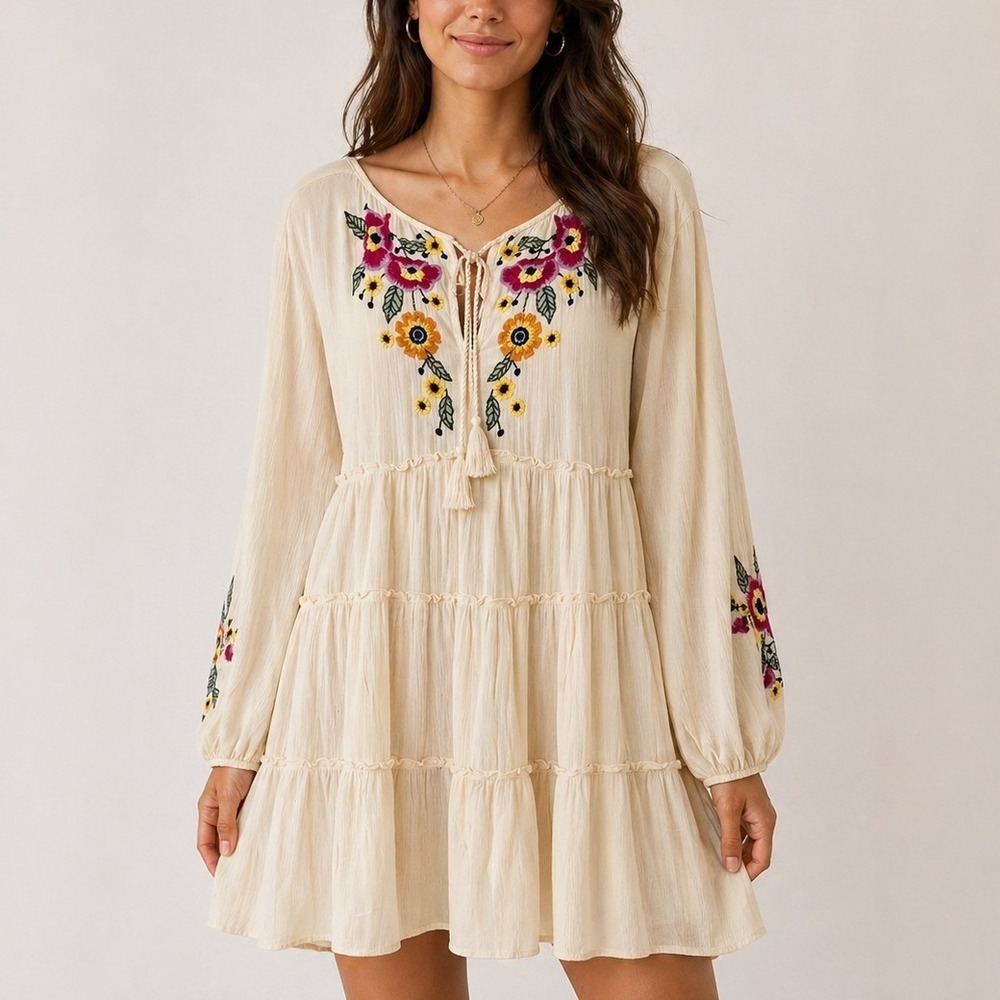 Free People Spell On You Mini Dress Ecru Embroidered Floral Boho Cottagecore S